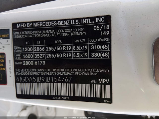 2018 Mercedes-benz Gle 350 მანქანა იყიდება აუქციონზე, vin: 4JGDA5JB9JB154767, აუქციონის ნომერი: 45556000