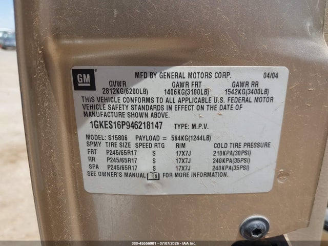 2004 Gmc Envoy Xl Sle მანქანა იყიდება აუქციონზე, vin: 1GKES16P946218147, აუქციონის ნომერი: 45556001