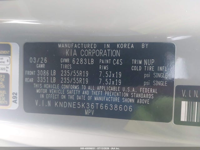 Aukcja sprzedaży 2026 Kia Carnival Mpv Sx, vin: KNDNE5K36T6638606, numer aukcji: 45556031
