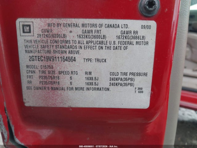 Продаж на аукціоні авто 2001 Gmc Sierra 1500 Sle, vin: 2GTEC19V911164564, номер лоту: 45556051