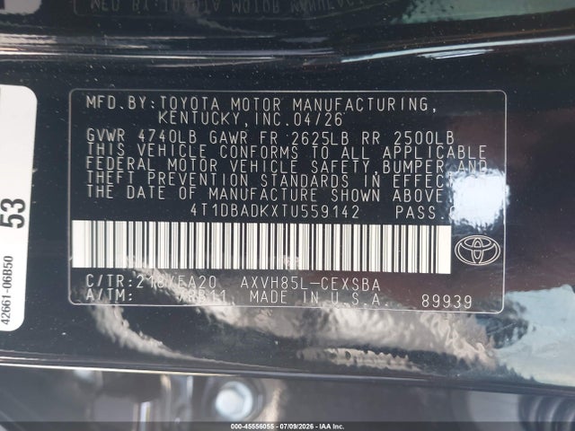 Продажа на аукционе авто 2026 Toyota Camry Nightshade, vin: 4T1DBADKXTU559142, номер лота: 45556055