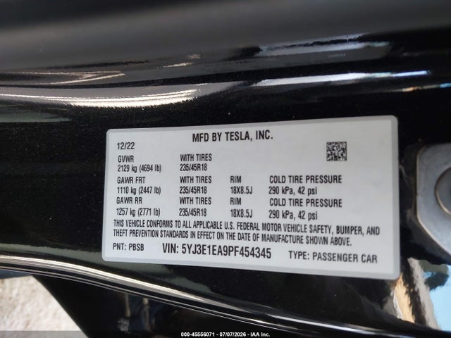 Продажа на аукционе авто 2023 Tesla Model 3 Rear-wheel Drive, vin: 5YJ3E1EA9PF454345, номер лота: 45556071