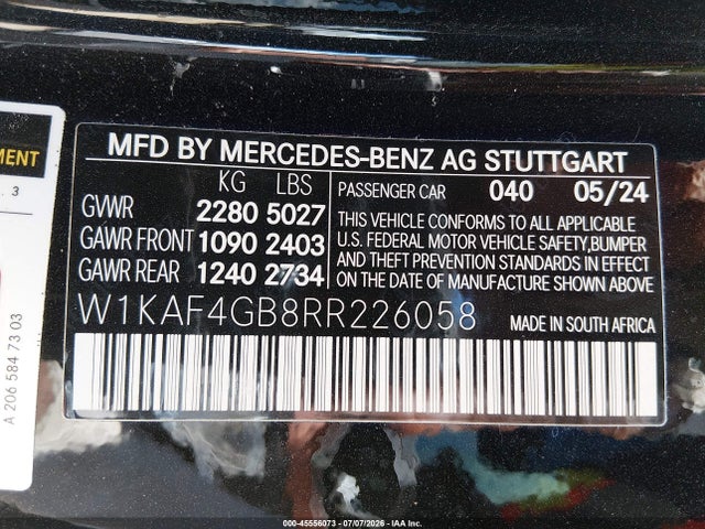 45556073 :رقم المزاد ، W1KAF4GB8RR226058 vin ، 2024 Mercedes-benz C 300 مزاد بيع