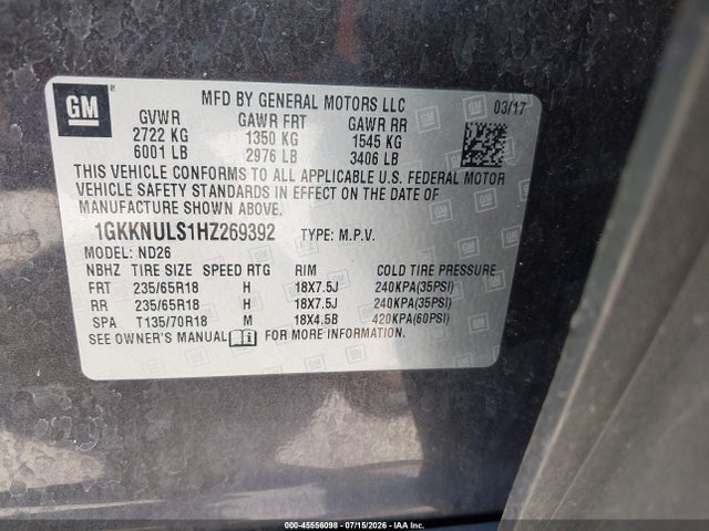 Продаж на аукціоні авто 2017 Gmc Acadia Slt-1, vin: 1GKKNULS1HZ269392, номер лоту: 45556098