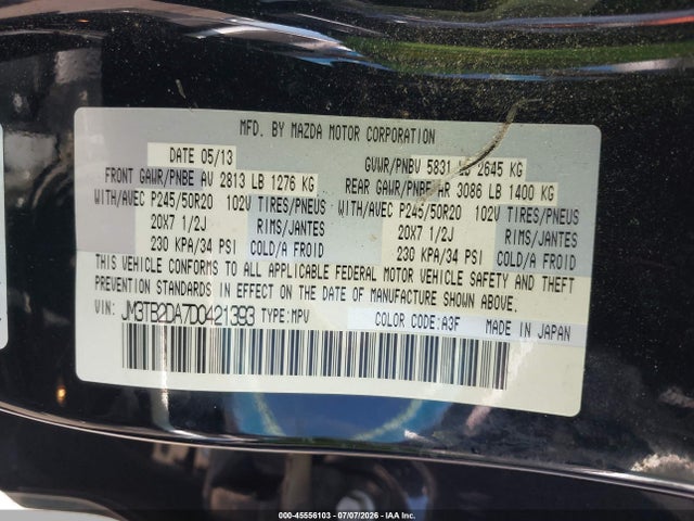 Aukcja sprzedaży 2013 Mazda Cx-9 Grand Touring, vin: JM3TB2DA7D0421393, numer aukcji: 45556103