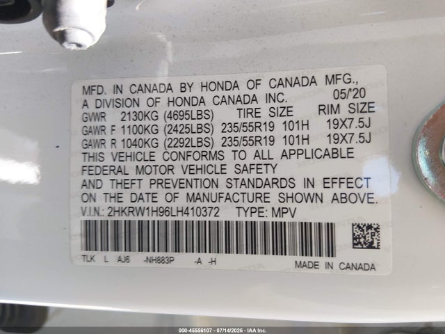 2HKRW1H96LH410372 Honda Cr-v 2wd Touring