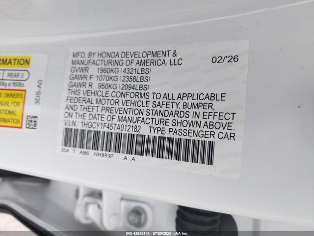 45556128 :رقم المزاد ، 1HGCY1F45TA012182 vin ، 2026 Honda Accord Se مزاد بيع
