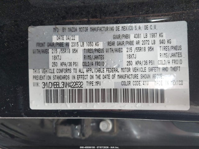 Aukcja sprzedaży 2022 Mazda Cx-30 Select, vin: 3MVDMBBL3NM422632, numer aukcji: 45556158