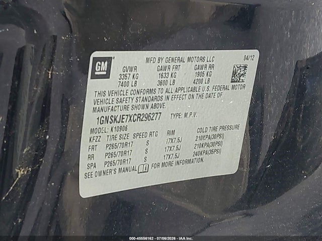 Продажа на аукционе авто 2012 Chevrolet Suburban Lt, vin: 1GNSKJE7XCR296277, номер лота: 45556162