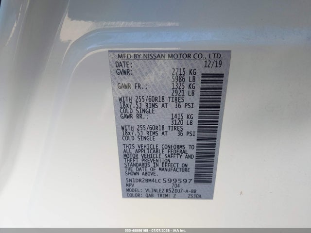 5N1DR2BM4LC599597 Nissan Pathfinder Sv 4wd