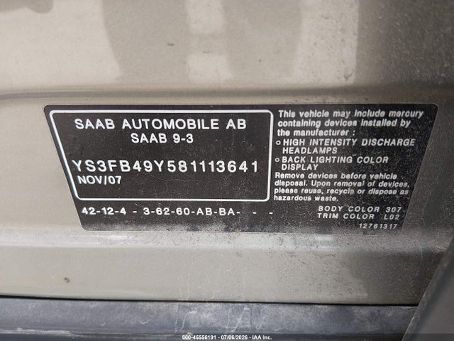 45556191 :رقم المزاد ، YS3FB49Y581113641 vin ، 2008 Saab 9-3 2.0t مزاد بيع