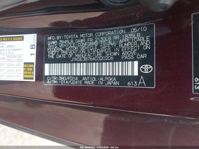 2010 Scion Tc მანქანა იყიდება აუქციონზე, vin: JTKDE3B76A0320206, აუქციონის ნომერი: 45556203