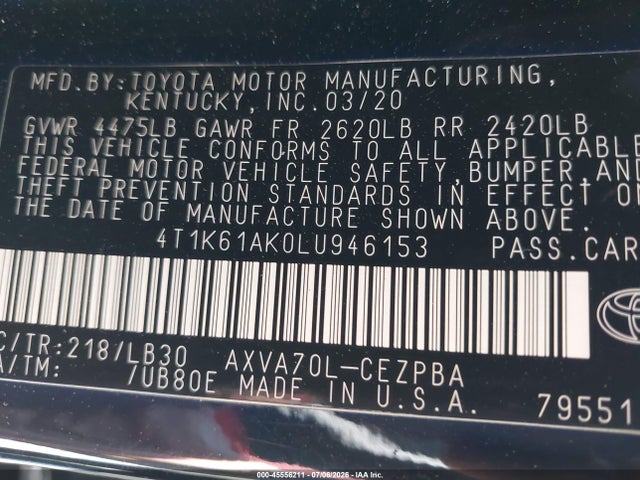 4T1K61AK0LU946153 Toyota CAMRY XSE