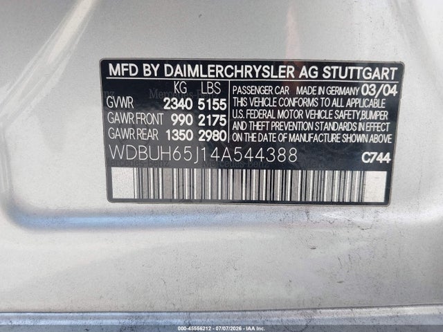 Aukcja sprzedaży 2004 Mercedes-benz E 320, vin: WDBUH65J14A544388, numer aukcji: 45556212
