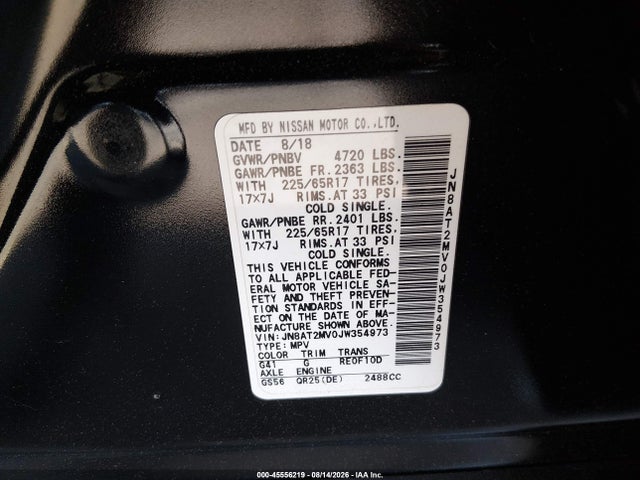 45556219 :رقم المزاد ، JN8AT2MV0JW354973 vin ، 2018 Nissan Rogue Sv مزاد بيع