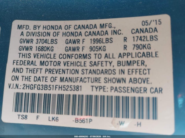 Honda Civic Lx 2015 2HGFG3B51FH525381 Image 9