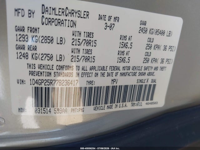 2007 Dodge Caravan Se მანქანა იყიდება აუქციონზე, vin: 1D4GP25R77B236417, აუქციონის ნომერი: 45556254