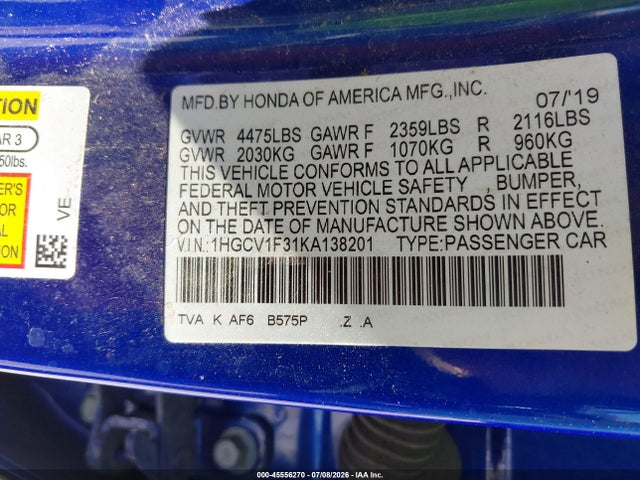 Продаж на аукціоні авто 2019 Honda Accord Sport, vin: 1HGCV1F31KA138201, номер лоту: 45556270