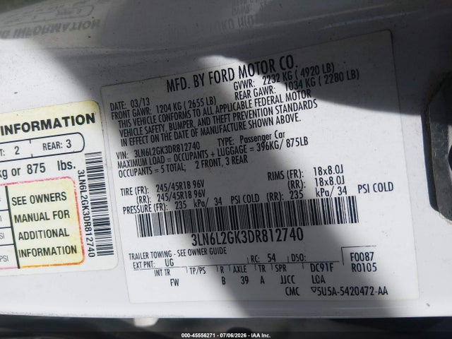 Продажа на аукционе авто 2013 Lincoln Mkz, vin: 3LN6L2GK3DR812740, номер лота: 45556271
