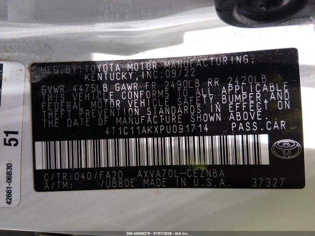 45556279 :رقم المزاد ، 4T1C11AKXPU091714 vin ، 2023 Toyota Camry Le مزاد بيع
