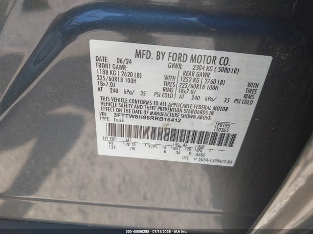 45556285 :رقم المزاد ، 3FTTW8H96RRB16412 vin ، 2024 Ford Maverick Xlt مزاد بيع