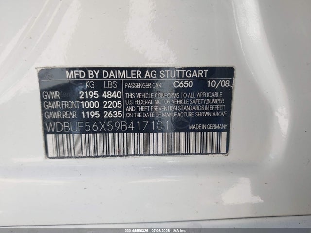 2009 Mercedes-benz E 350 მანქანა იყიდება აუქციონზე, vin: WDBUF56X59B417101, აუქციონის ნომერი: 45556326