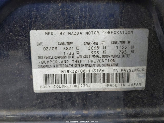 Aukcja sprzedaży 2008 Mazda Mazda3 I Touring Value, vin: JM1BK32F081113166, numer aukcji: 45556346