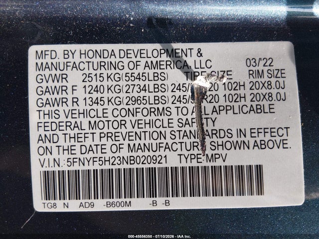 45556350 :رقم المزاد ، 5FNYF5H23NB020921 vin ، 2022 Honda Pilot 2wd Special Edition مزاد بيع