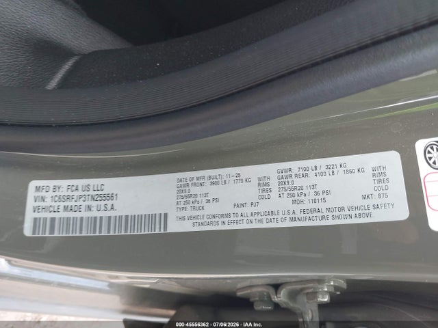45556362 :رقم المزاد ، 1C6SRFJP3TN255561 vin ، 2026 Ram 1500 مزاد بيع