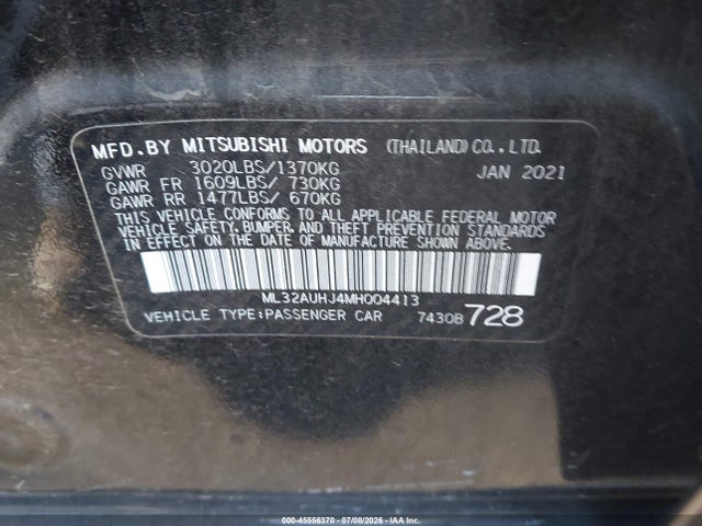 45556370 :رقم المزاد ، ML32AUHJ4MH004413 vin ، 2021 Mitsubishi Mirage Carbonite Edition/es/le مزاد بيع