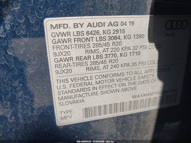 45556376 :رقم المزاد ، WA1AHAF70KD041502 vin ، 2019 Audi Q7 45 Premium/45 Se Premium مزاد بيع