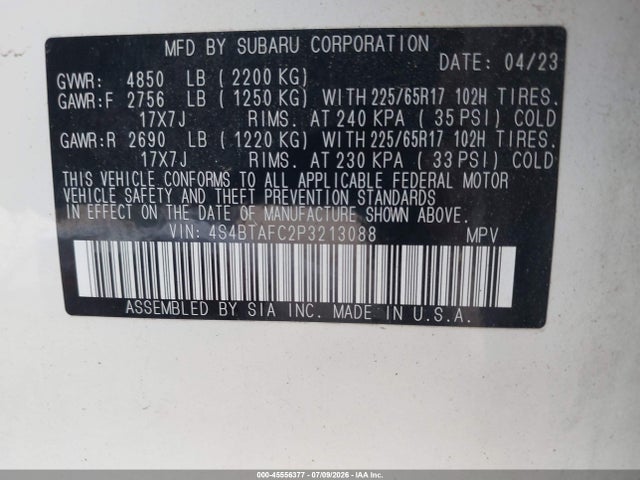Aukcja sprzedaży 2023 Subaru Outback Premium, vin: 4S4BTAFC2P3213088, numer aukcji: 45556377