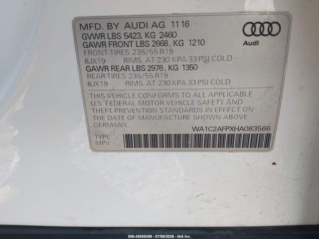 Продаж на аукціоні авто 2017 Audi Q5 2.0t Premium, vin: WA1C2AFPXHA083566, номер лоту: 45556399
