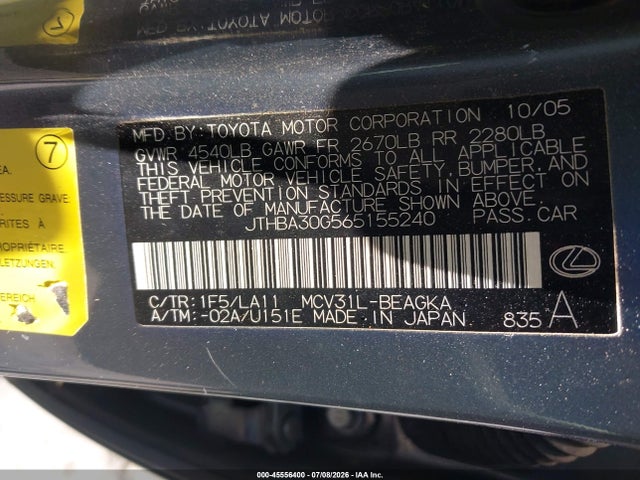 45556400 :رقم المزاد ، JTHBA30G565155240 vin ، 2006 Lexus Es 330 مزاد بيع