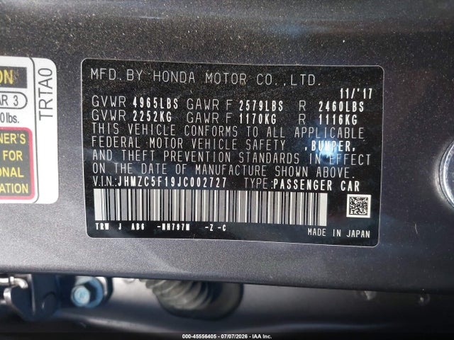 JHMZC5F19JC002727 Honda CLARITY PLUG-IN HYBRID
