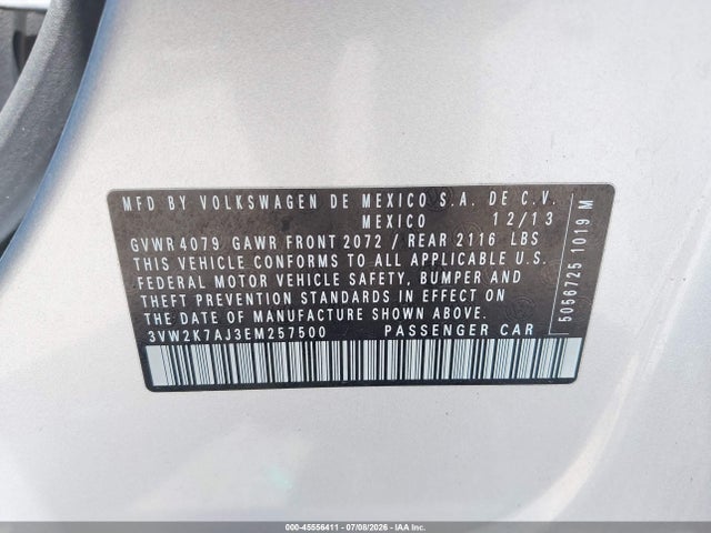2014 Volkswagen Jetta 2.0l S მანქანა იყიდება აუქციონზე, vin: 3VW2K7AJ3EM257500, აუქციონის ნომერი: 45556411