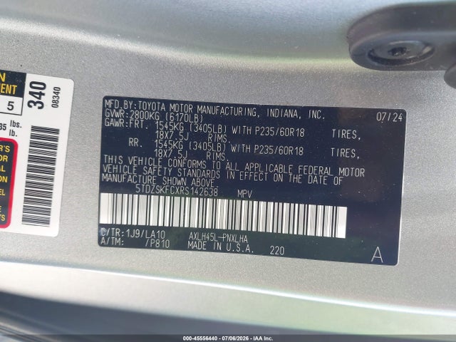 Продаж на аукціоні авто 2024 Toyota Sienna Limited, vin: 5TDZSKFCXRS142638, номер лоту: 45556440