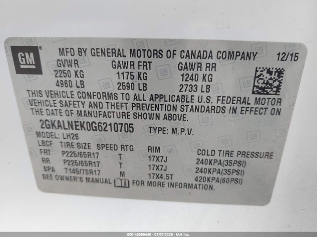2016 Gmc Terrain Sle-2 მანქანა იყიდება აუქციონზე, vin: 2GKALNEK0G6210705, აუქციონის ნომერი: 45556449