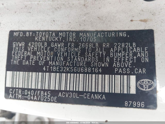 Продажа на аукционе авто 2006 Toyota Camry Le, vin: 4T1BE32K56U688164, номер лота: 45556463
