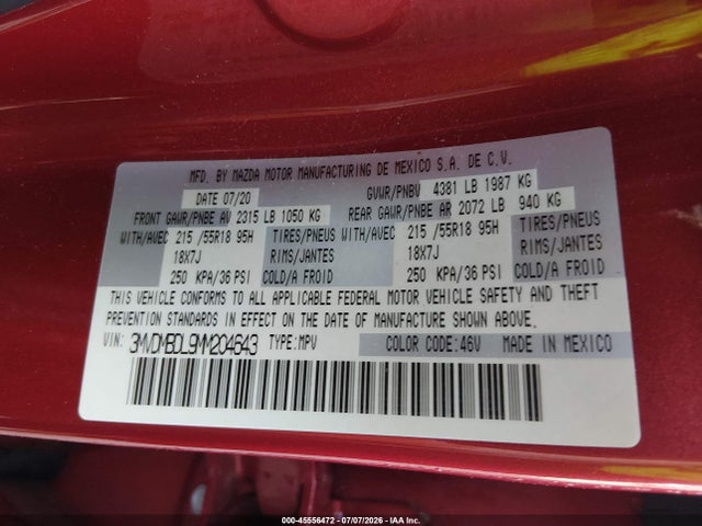 45556472 :رقم المزاد ، 3MVDMBDL9MM204643 vin ، 2021 Mazda Cx-30 Premium مزاد بيع