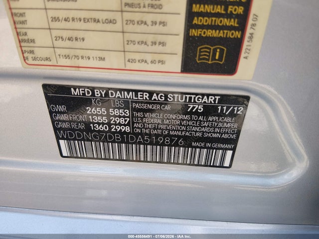 45556491 :رقم المزاد ، WDDNG7DB1DA519876 vin ، 2013 Mercedes-benz S 550 مزاد بيع