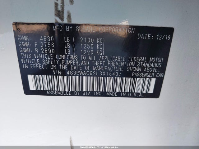 Aukcja sprzedaży 2020 Subaru Legacy Premium, vin: 4S3BWAC62L3015437, numer aukcji: 45556505