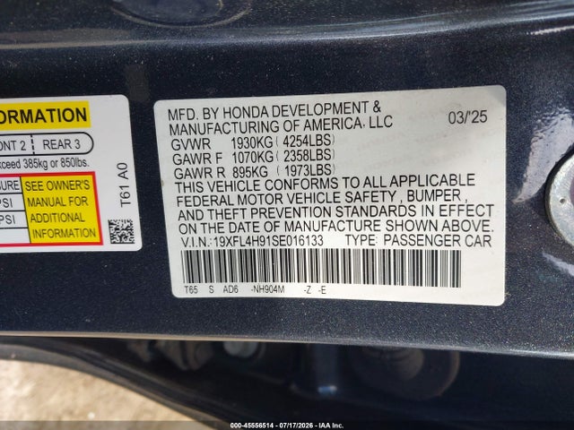 Продаж на аукціоні авто 2025 Honda Civic Hybrid Sport Touring, vin: 19XFL4H91SE016133, номер лоту: 45556514