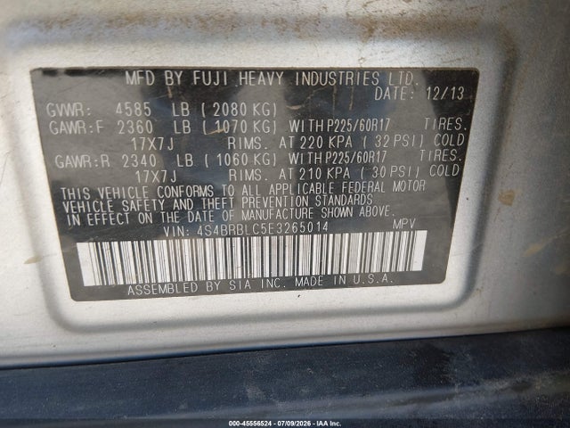 2014 Subaru Outback 2.5i Limited მანქანა იყიდება აუქციონზე, vin: 4S4BRBLC5E3265014, აუქციონის ნომერი: 45556524