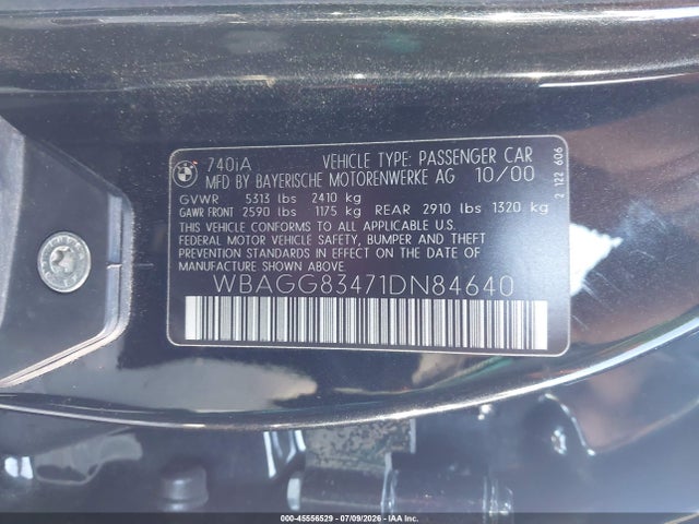 2001 Bmw 740ia მანქანა იყიდება აუქციონზე, vin: WBAGG83471DN84640, აუქციონის ნომერი: 45556529
