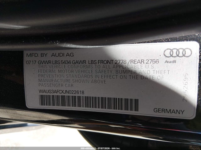 2018 Audi A6 3.0t Premium მანქანა იყიდება აუქციონზე, vin: WAUG3AFCXJN022618, აუქციონის ნომერი: 45556533