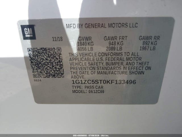 Продаж на аукціоні авто 2019 Chevrolet Malibu 1fl, vin: 1G1ZC5ST0KF133496, номер лоту: 45556555