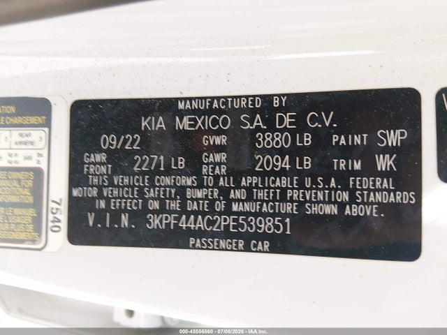 45556560 :رقم المزاد ، 3KPF44AC2PE539851 vin ، 2023 Kia Forte Gt Manual مزاد بيع