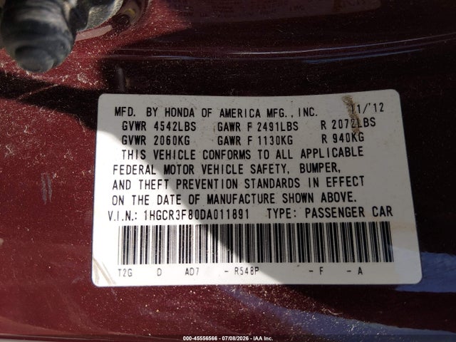 Продаж на аукціоні авто 2013 Honda Accord Ex-l V-6, vin: 1HGCR3F80DA011891, номер лоту: 45556566