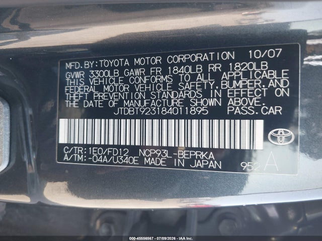 Aukcja sprzedaży 2008 Toyota Yaris, vin: JTDBT923184011895, numer aukcji: 45556567